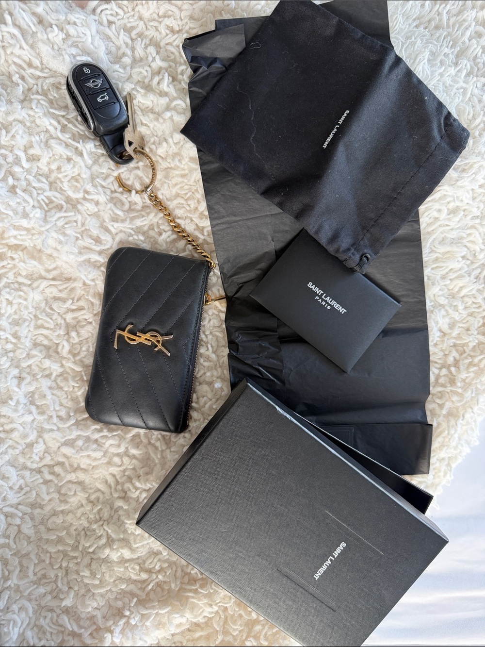 Yves Saint Laurent Black Quilted Leather Chain Wallet with Gold YSL Logo